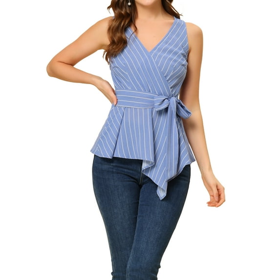 INSPIRE CHIC Women's Summer Tops Sleeveless V Neckline Wrap Tie Waist Tops XS Light Blue