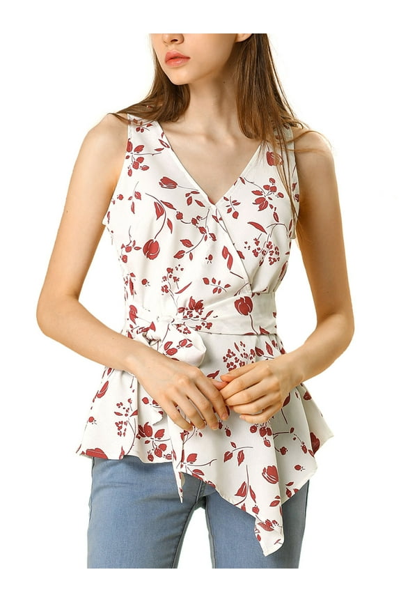 Women's Summer Tops Sleeveless V Neckline Wrap Tie Waist Tops L Red Flower