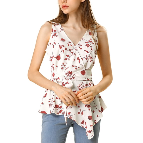INSPIRE CHIC Women's Summer Tops Sleeveless V Neckline Wrap Tie Waist Tops M Red Flower