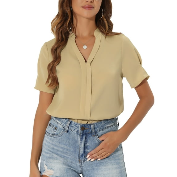 INSPIRE CHIC Women's Summer V Neck Short Sleeve Solid Color Office Blouse Top L Khaki