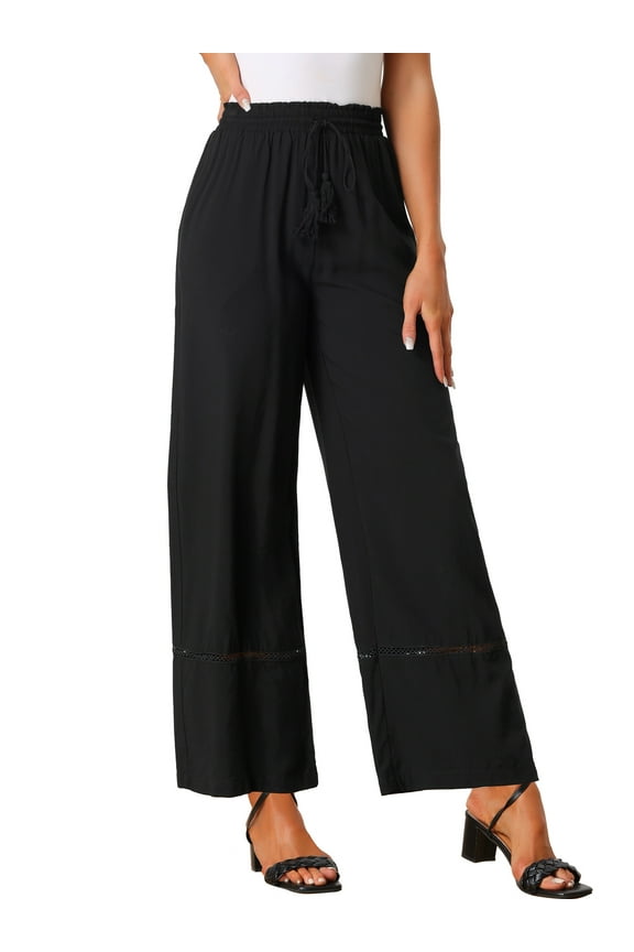 Women's Wide Leg Pants Drawsting Elastic High Waist Boho Palazzo Pant with Pockets L Black