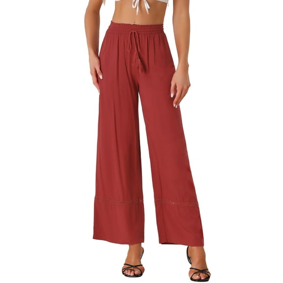 INSPIRE CHIC Women's Wide Leg Pants Drawsting Elastic High Waist Boho Palazzo Pant with Pockets L Dark Red