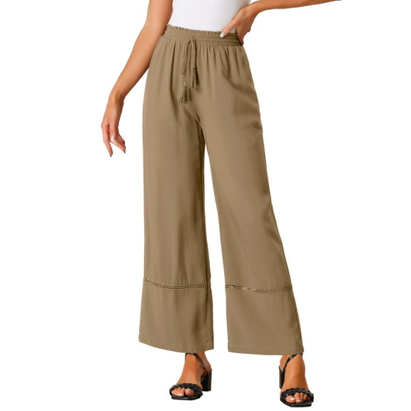 INSPIRE CHIC Women's Wide Leg Pants Drawsting Elastic High Waist Boho Palazzo Pant with Pockets XL Brown