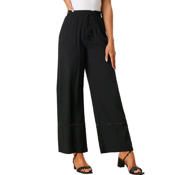 INSPIRE CHIC Women's Wide Leg Pants Drawsting Elastic High Waist Boho Palazzo Pant with Pockets XS Black