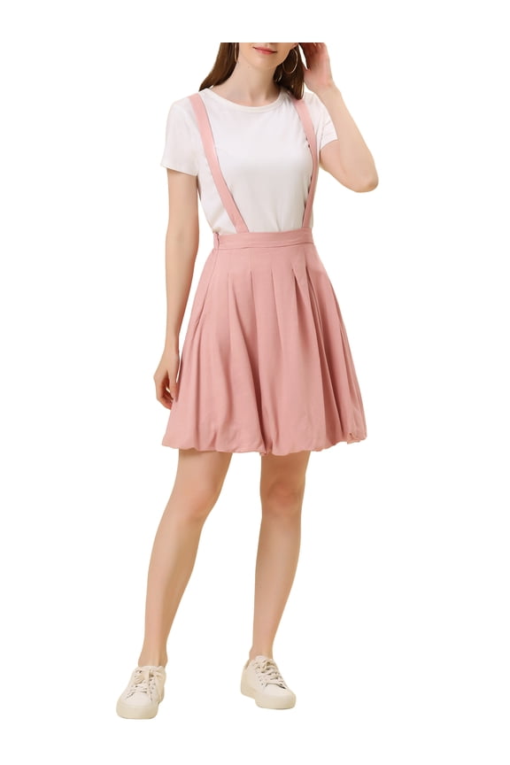 Women's Suspender Skirt Detachable Strap A-Line Lantern Skirt XS Pink