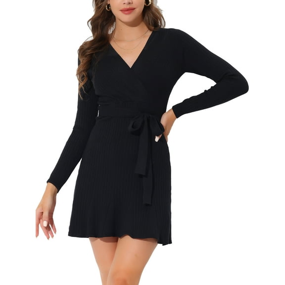 INSPIRE CHIC Women's Sweater Dress V Neck Long Sleeve Flare Tie Waist Wrap Dress Black M