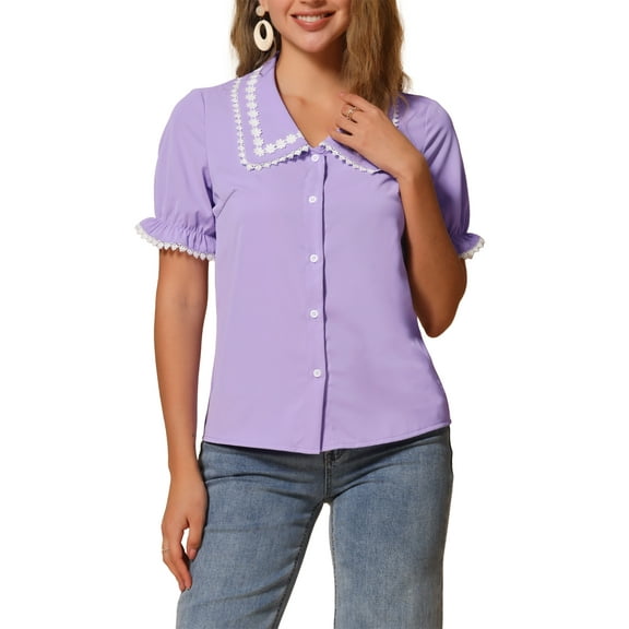 INSPIRE CHIC Women's Sweet Peter Pan Contrast Collar Short Sleeves Button Up Blouse Tops M Light Purple