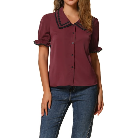 INSPIRE CHIC Women's Sweet Peter Pan Contrast Collar Short Sleeves Button Up Blouse Tops S Wine Red