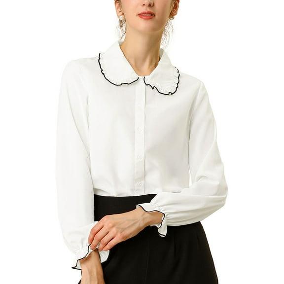 INSPIRE CHIC Women's Sweet Ruffle Peter Pan Collar Button up Work Shirts L White