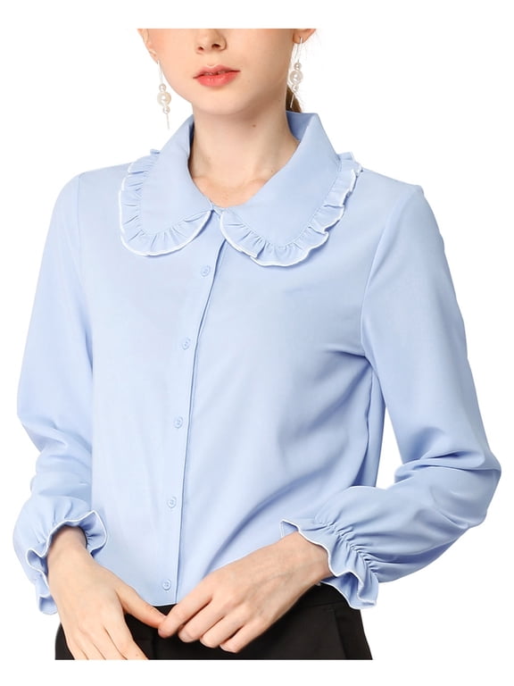 Women's Peter Pan Collar Ruffle Long Sleeve Button Down Blouse Light Blue XL