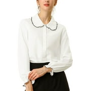INSPIRE CHIC Women's Back to School Sweet Ruffle Peter Pan Collar Button up Work Shirts XS White