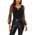 thumbnail image 1 of INSPIRE CHIC Women's Sweetheart Deep V Neck Dots Mesh Sheer Panel Long Sleeve Top Black XS, 1 of 5