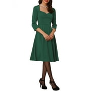 INSPIRE CHIC Women's Dress Solid Color Sweetheart Neck 3/4 Sleeve A-Line Cocktail Dress L Dark Green