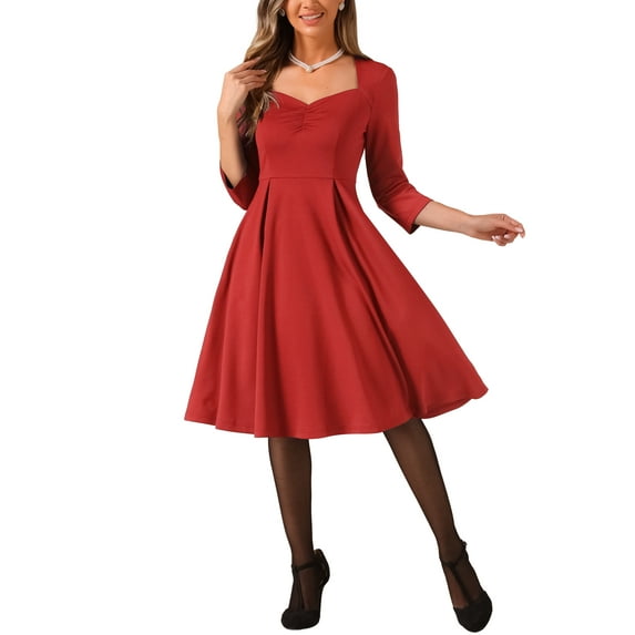 INSPIRE CHIC Women's Dress Solid Color Sweetheart Neck 3/4 Sleeve A-Line Cocktail Dress L Red