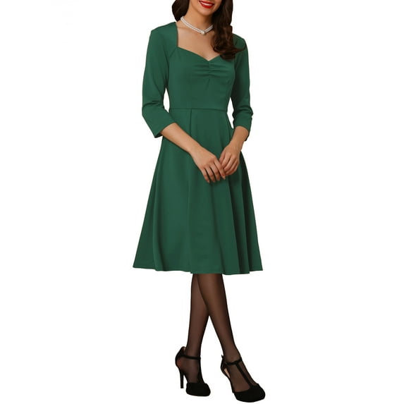 Allegra K Women's Sweetheart Neck 3/4 Sleeve Cocktail Dress S Dark Green
