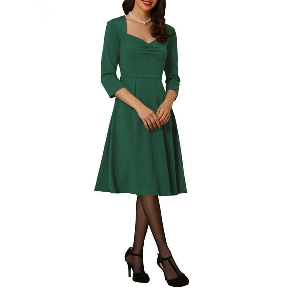 Allegra K Women's Sweetheart Neck 3/4 Sleeve Cocktail Dress S Dark Green