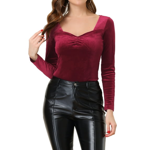 INSPIRE CHIC Women's Sweetheart Neck Long Sleeve Pleated Front Velvet Blouse M Red