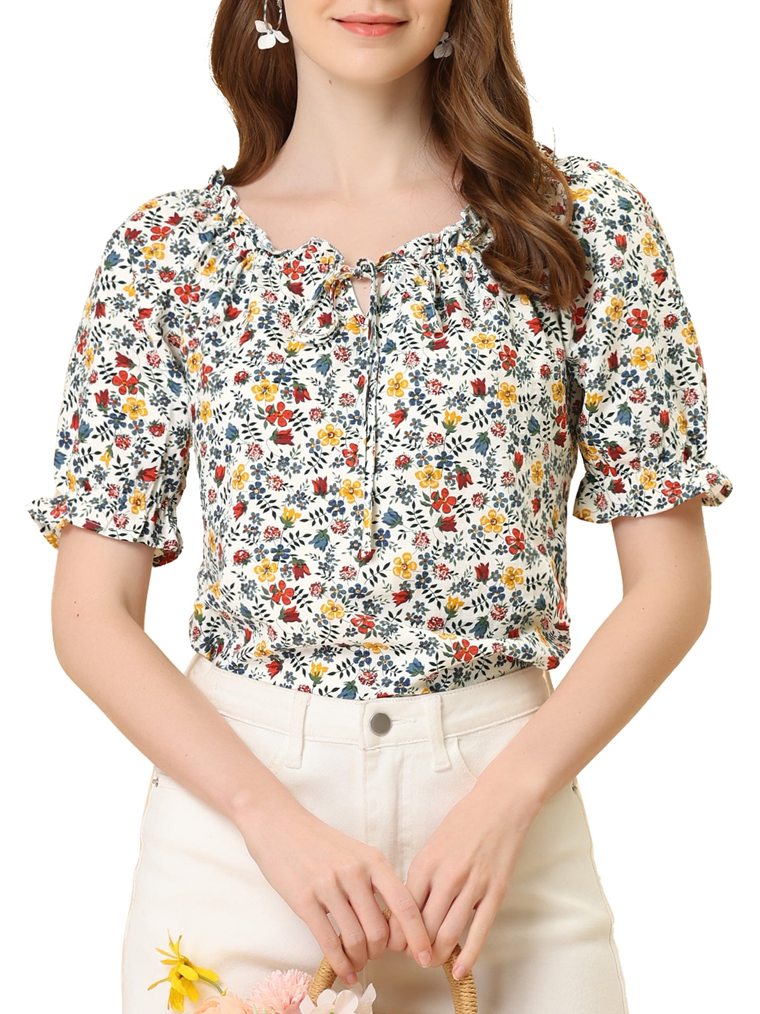 INSPIRE CHIC Women's Sweetheart Neck Raglan Sleeve Retro Ruffle Floral ...