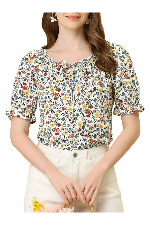 Women's Sweetheart Neck Raglan Sleeve Retro Ruffle Floral Tops M White