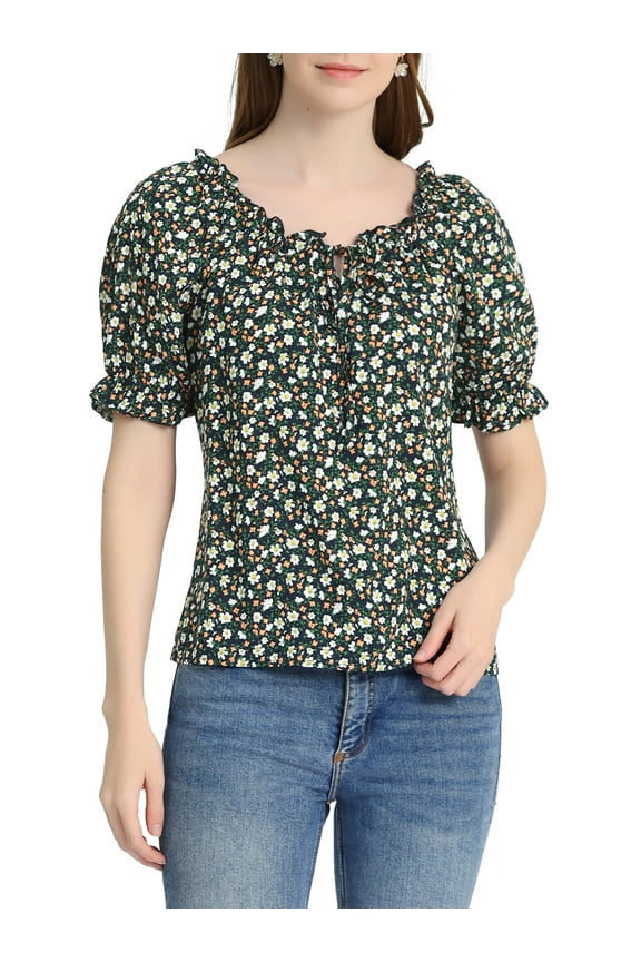 Women's Sweetheart Neck Raglan Sleeve Retro Ruffle Floral Tops S Navy Blue