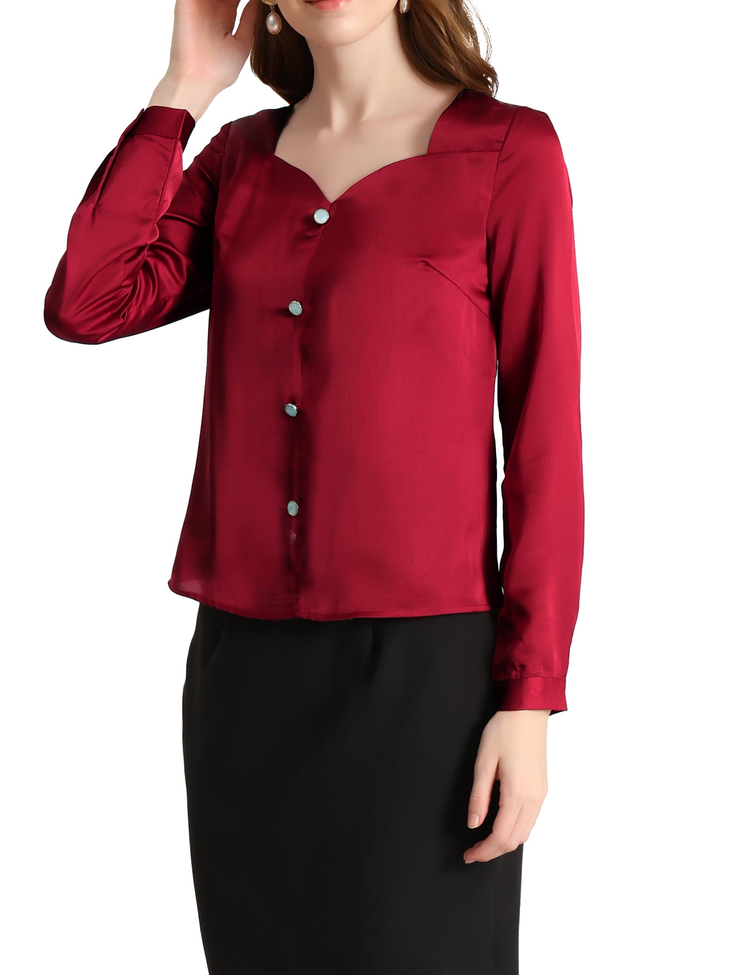 INSPIRE CHIC Women's Sweetheart Neck Satin Long Sleeve Elegant Casual ...