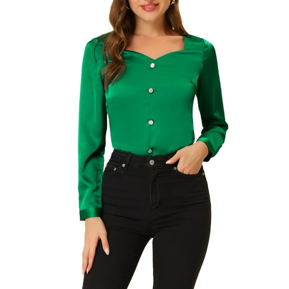 INSPIRE CHIC Women's Sweetheart Neck Satin Long Sleeve Elegant Casual Work Blouse Top