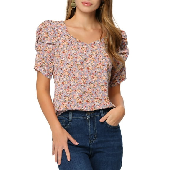 INSPIRE CHIC Women's Sweetheart Neck Short Sleeve Summer Floral Blouse XL Light Purple
