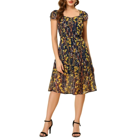 INSPIRE CHIC Women's Sweetheart Neck Smocked Cap Sleeve Floral Mid Length Midi Dress Dark Blue S