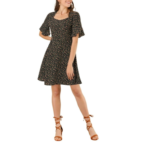 INSPIRE CHIC Women's Sweetheart Neck Smocked Waist Bell Short Sleeve Floral Dresses M Black