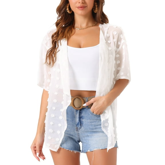 INSPIRE CHIC Women's Swiss Dots Cardigan Short Sleeve Cover Up Open Front Kimono Cardigans