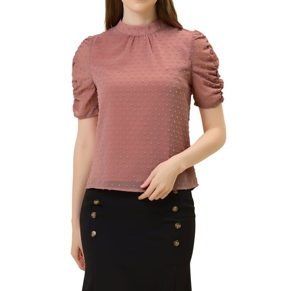 INSPIRE CHIC Women's Swiss Dots Chiffon Blouse Short Puff Sleeves Top XS Red