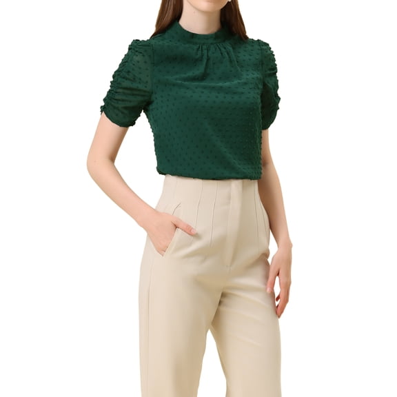 INSPIRE CHIC Women's Swiss Dots Chiffon Blouse Short Puff Sleeves Top S Green
