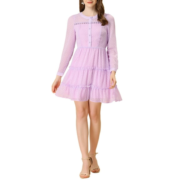 INSPIRE CHIC Women's Swiss Dots Elastic Waist Gathering Flowy Tiered Chiffon Dress Lavender S