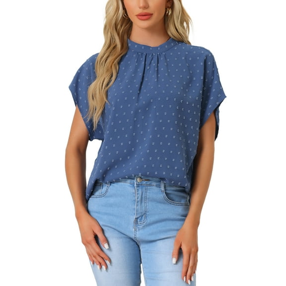 INSPIRE CHIC Women's Swiss Dots Pleated Crew Neck Short Sleeve Casual Summer Top