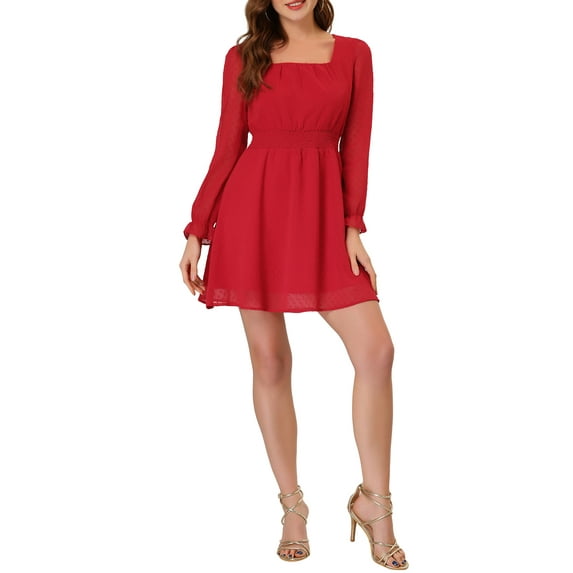 INSPIRE CHIC Women's Swiss Dots Puff Square Neck Smocked Waist Chiffon Dress M Red