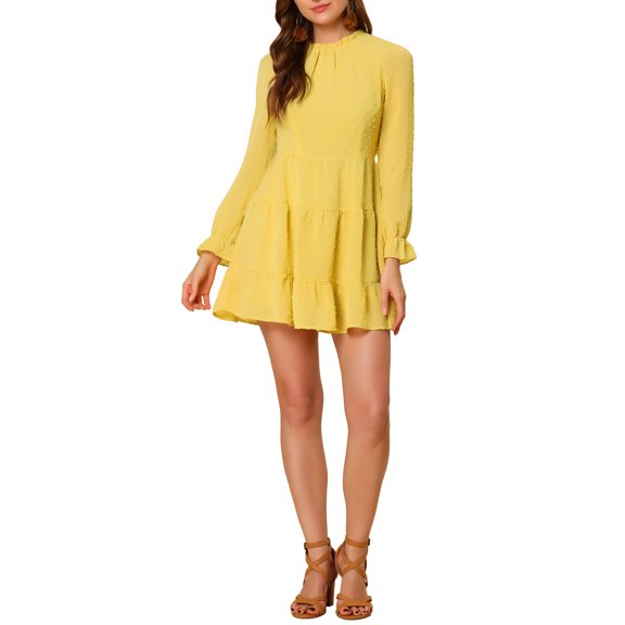 INSPIRE CHIC Women's Swiss Dots Ruffle Collar Keyhole Back Tiered Dress Yellow S
