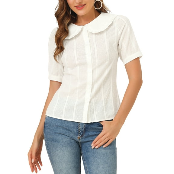 INSPIRE CHIC Women's Swiss Dots Short Sleeves Button Front Shirt Peter Pan Collar Blouse L Beige