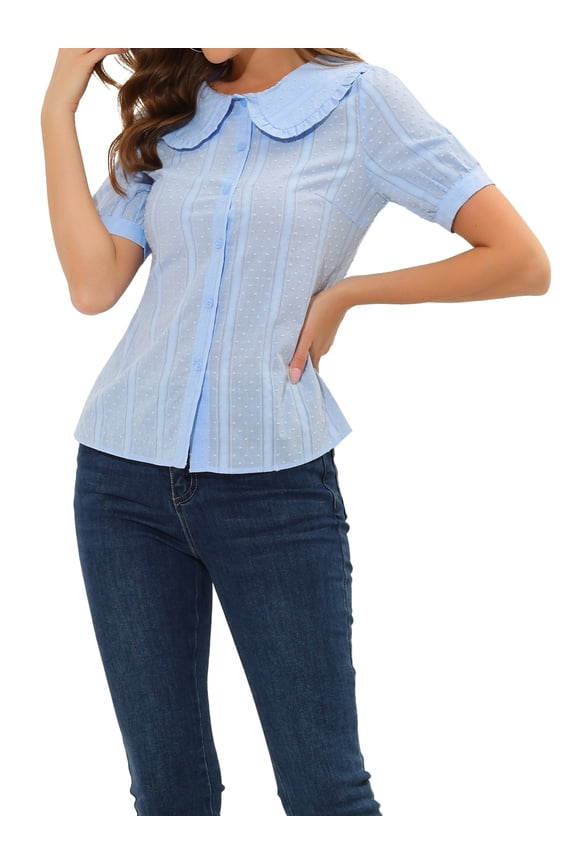 Easter Women's Blouse Peter Pan Collar Swiss Dot Short Sleeve Top M Light Blue