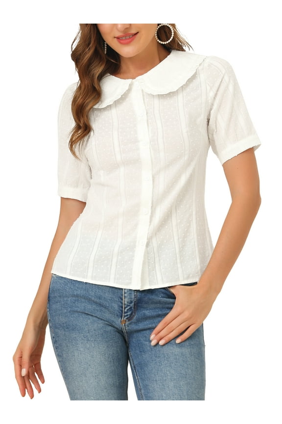 Easter Women's Blouse Peter Pan Collar Swiss Dot Short Sleeve Top XS White