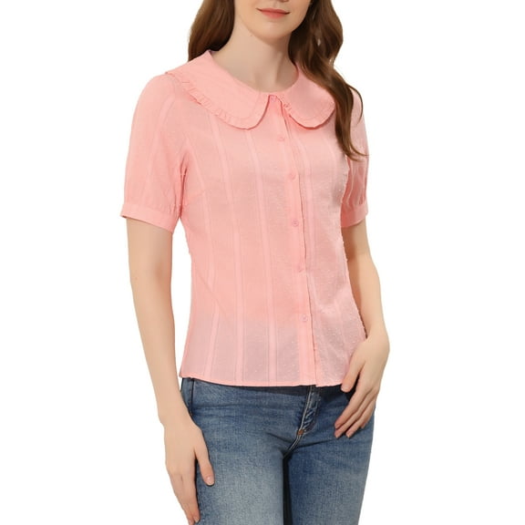 INSPIRE CHIC Women's Blouse Peter Pan Collar Swiss Dot Short Sleeve Top XS Pink