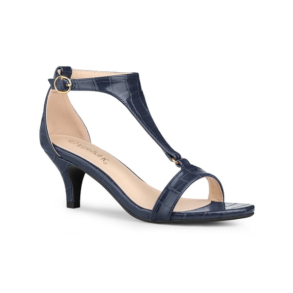 BLISSFUL STEP Women's Shoes T-Strap Embossed Kitten Heel Buckle Closure Open Toe Dress Sandals Navy Blue 8.5