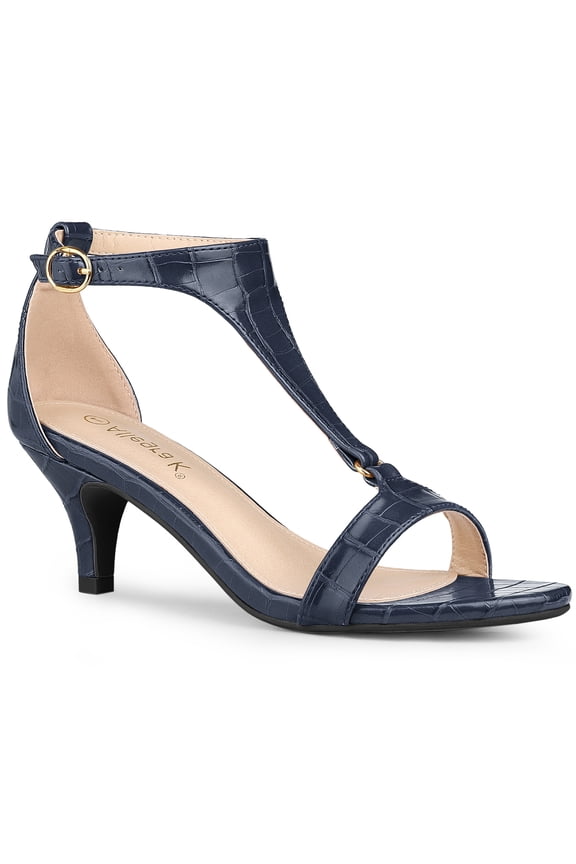 Women's Shoes T-Strap Embossed Kitten Heel Buckle Closure Open Toe Dress Sandals Navy Blue 10