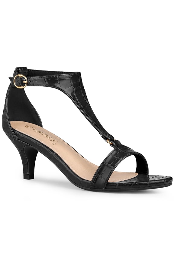 Women's Shoes T-Strap Embossed Kitten Heel Buckle Closure Open Toe Dress Sandals Black 7.5
