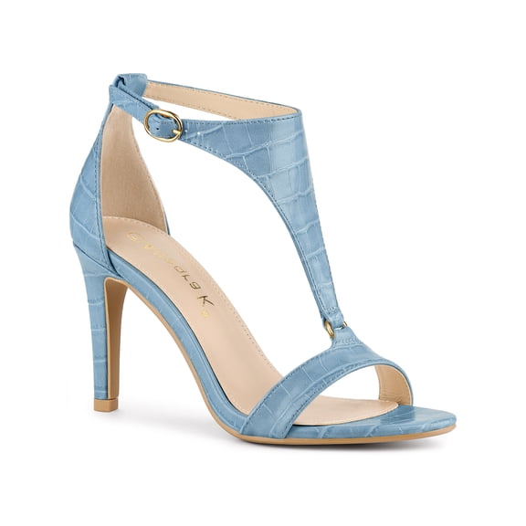 BLISSFUL STEP Women's T Strap Open Toe Stiletto Heel Sandals Blue 8.5