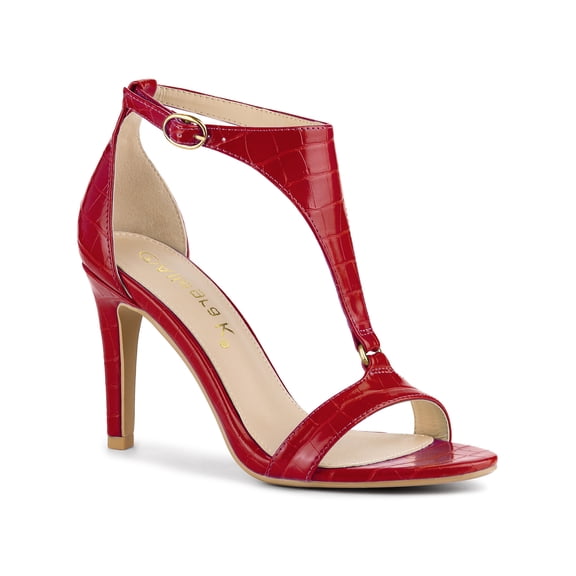 BLISSFUL STEP Women's T Strap Open Toe Stiletto Heel Sandals Red 10