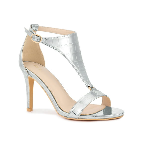 BLISSFUL STEP Women's T Strap Open Toe Stiletto Heel Sandals Silver 6