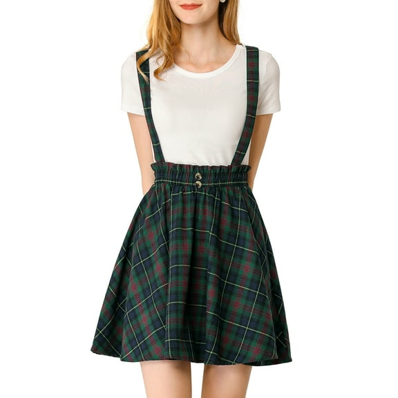 INSPIRE CHIC Women's Skirt Plaid Pleated Tartan Overall Elastic Waist Suspender Mini Skirt S Blue Green