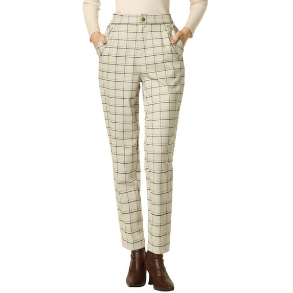 INSPIRE CHIC Women's Tartan Plaid Pants Elastic High Waist Straight Long Trousers L Beige