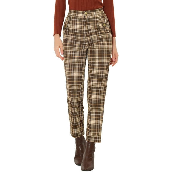 INSPIRE CHIC Women's Tartan Plaid Pants Elastic High Waist Straight Long Trousers L Brown Beige