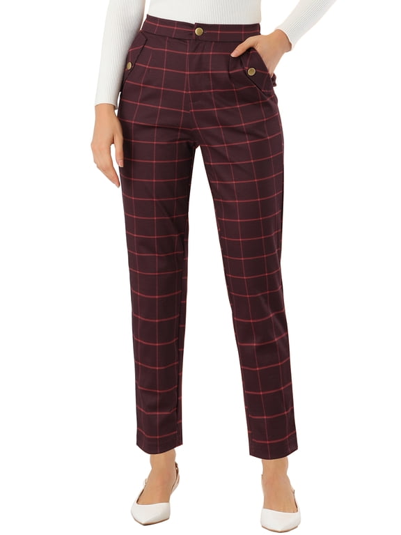 Women's Tartan Plaid Pants Elastic High Waist Straight Long Trousers L Burgundy